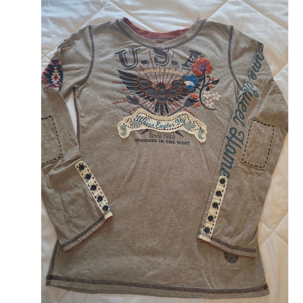 Double D Ranch Womens Gray Long Sleeve Eagle Graphic Embroidered Western Tee S